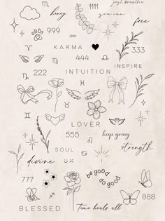 the back side of a sheet of paper with writing on it and flowers, butterflies, hearts