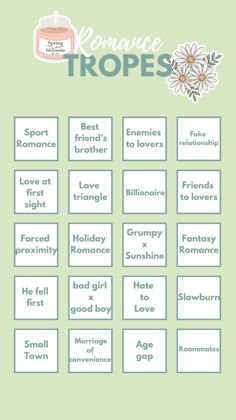 a poster with the words romance tropels on it and flowers in each corner