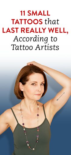 a woman with tattoos on her arm and neck, wearing a green tank top that reads 11 small tattoos that last really well, according to tattoo artists