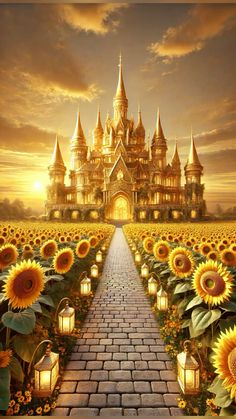 an image of a castle with sunflowers in the foreground and a path leading to it