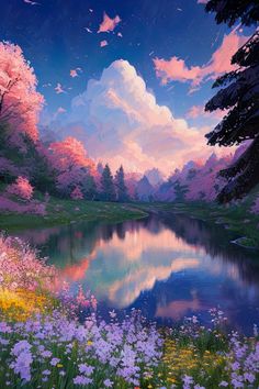 a painting of flowers and trees surrounding a lake with clouds in the sky above it