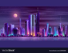 a cityscape at night with the moon in the sky and stars above it