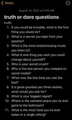 an iphone screen with the text truth or dare questions on it