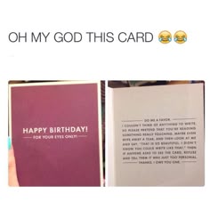 an open book with the words oh my god this card written on it and someone holding a pen in their hand