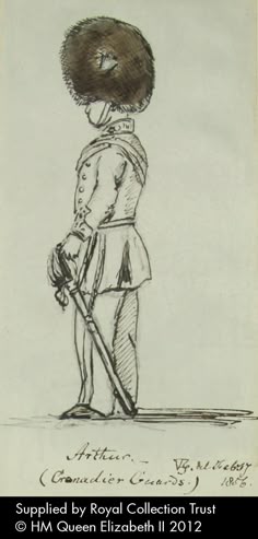 Arthur (Grenadier Guards). Pen and ink drawing with wash, of Prince Arthur in the uniform of the Grenadier Guards, by Queen Victoria, February 1856. Queen Victoria’s Journals (http://www.queenvictoriasjournals.org). RL K.24. f.73b (Sketchbook illustration). Queens Guard Tattoo, Kings Guard Drawing, Royal Guard Drawing, Queens Guard Drawing, British King Drawing, How To Draw Queen Victoria, London Guard Drawing, Queen Victoria Drawing, Guardian Angel Tattoo Designs