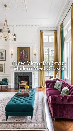 Modern Victorian living room with gallery wall, jewel-toned velvet furniture, bright white walls, ornate architecture, contemporary lighting, tall windows with patterned drapes, vintage accessories and sustainable materials.