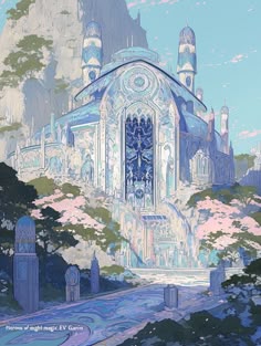 an artistic painting of a church in the mountains