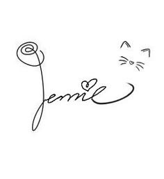 a black and white drawing of a cat with the word jenny written in cursive writing