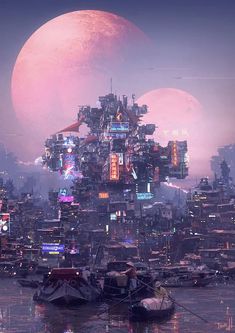 a futuristic city with lots of buildings and boats in front of a giant pink moon