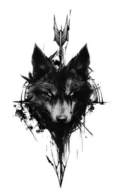 a black and white drawing of a wolf with an arrow on it's head