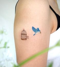 a small blue bird in a cage tattoo on the back of a woman's shoulder