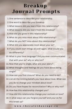 a poster with the words'break up journal prompts'in front of it