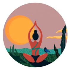 a woman is doing yoga in front of the sun