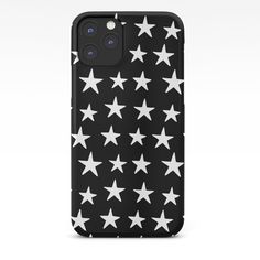 a black phone case with white stars on the front and bottom, all over it