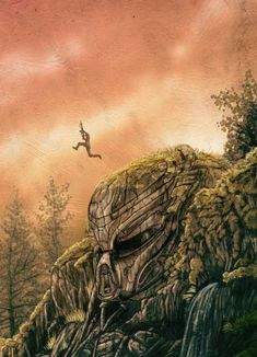 a painting of a man jumping off a cliff into the air from a giant rock
