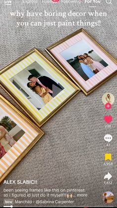 three framed pictures on the floor with text above them
