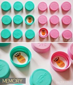 there are many different colored plastic buttons on the same table and one has a small button in it