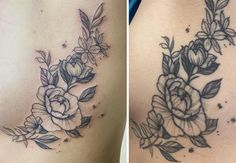 two pictures of tattoos with flowers on the side and in the upper half, one is black and white