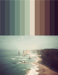 two different color palettes with the ocean and cliffs in the background