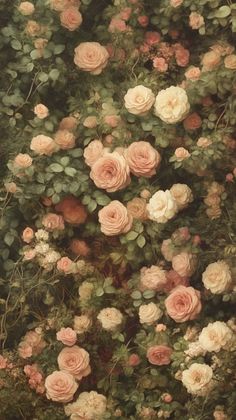 a painting of pink and white roses growing on the side of a building with green leaves