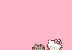 an image of hello kitty wallpapers on pink background with cat and kitten sitting next to each other