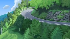 a digital painting of a winding road surrounded by trees