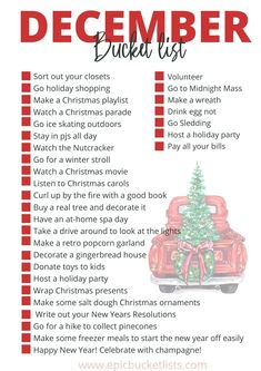 a red truck with a christmas tree on it's back and the words december bucket list
