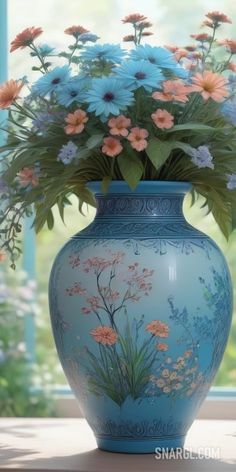 a blue vase filled with lots of flowers