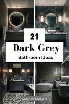 the bathroom is decorated in dark grey tones