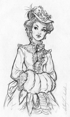 a drawing of a woman wearing a dress and hat