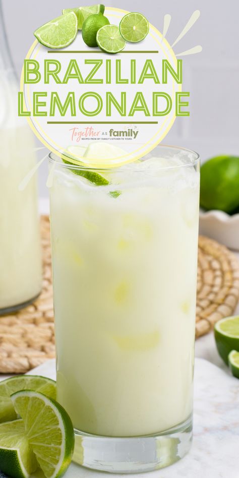 One image and a text circle at the top with text in it. Smoothies, Summer Drinks, Brazilian Lemonade, Refreshing Drinks Recipes, Refreshing Drinks, Lemonade Recipes, Lemonade Drinks, Non Alcoholic Drinks, Lemonade