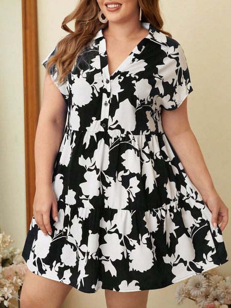 Black and White Casual Collar Short Sleeve Woven Fabric All Over Print Smock Embellished Non-Stretch  Women Plus Clothing