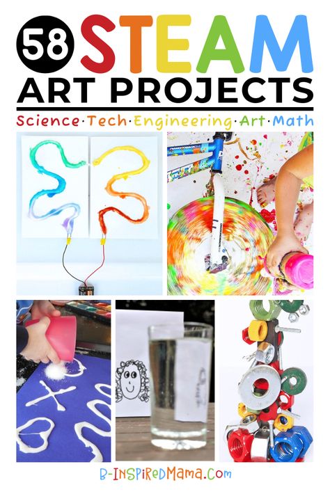Choose from 58 fun STEAM art projects to get kids exploring their creativity while exploring science, technology, engineering, and math, too! #kids #STEAM #art #arteducation #STEM #learning #homeschool #science #math Steam Activities Elementary, Steam Projects Middle School, Elementary Steam, Kindergarten Steam Activities, Steam For Preschool, Steam Lessons Elementary, Science Projects For Kids, Stem Projects, Kindergarten Steam