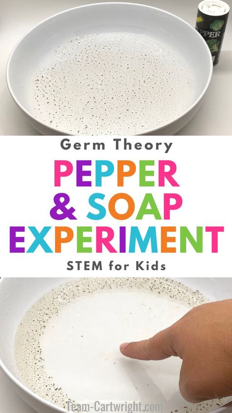 Text: Germ Theory Pepper & Soap Experiment STEM for Kids
Top Picture: shallow bowl of water with pepper sprinkled on the surface. container of pepper next to it.
Bottom Picture: shallow bowl of water and pepper with finger touching surface with soap so pepper moves towards edges of bowl away from finger. Germs Preschool, Science Activities For Toddlers, Science Experiments Kids Preschool, Community Helpers Preschool Activities, Hygiene Activities, Me Preschool Theme, Stem Activities Preschool, Science For Toddlers, Science Week