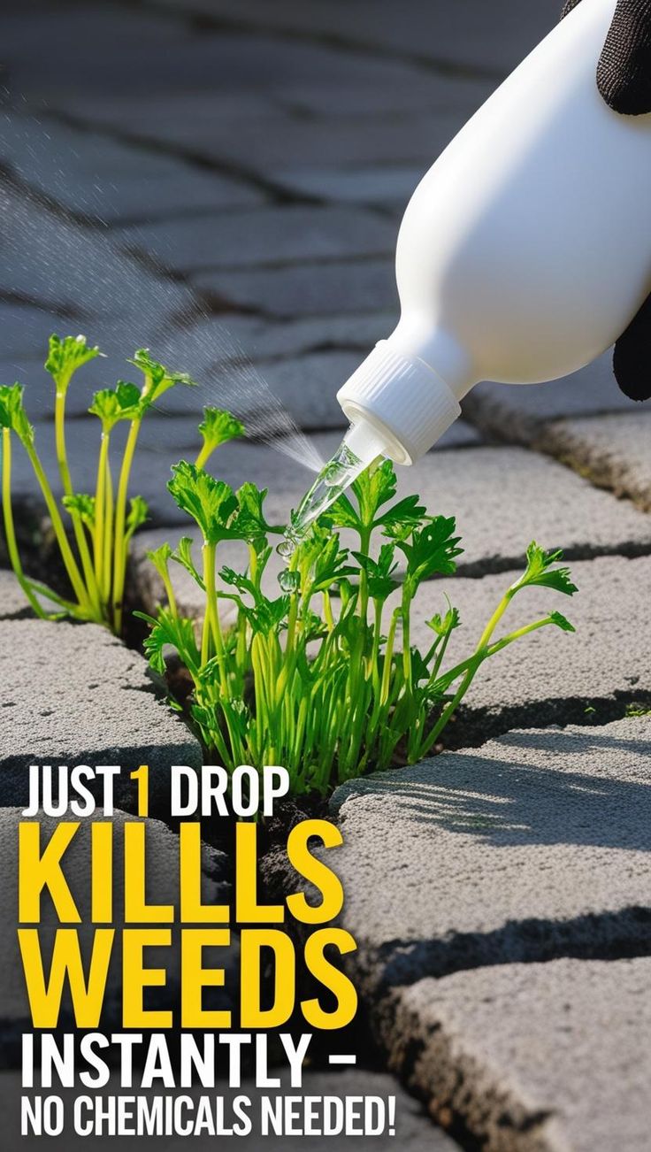 a person watering plants with a sprayer on the ground next to it that says, just drop kills weeds instantly no chemicals needed