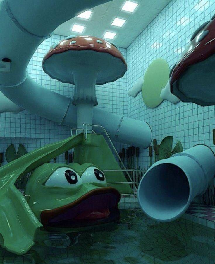 the inside of an indoor water park with various slides and floats, including a large green frog