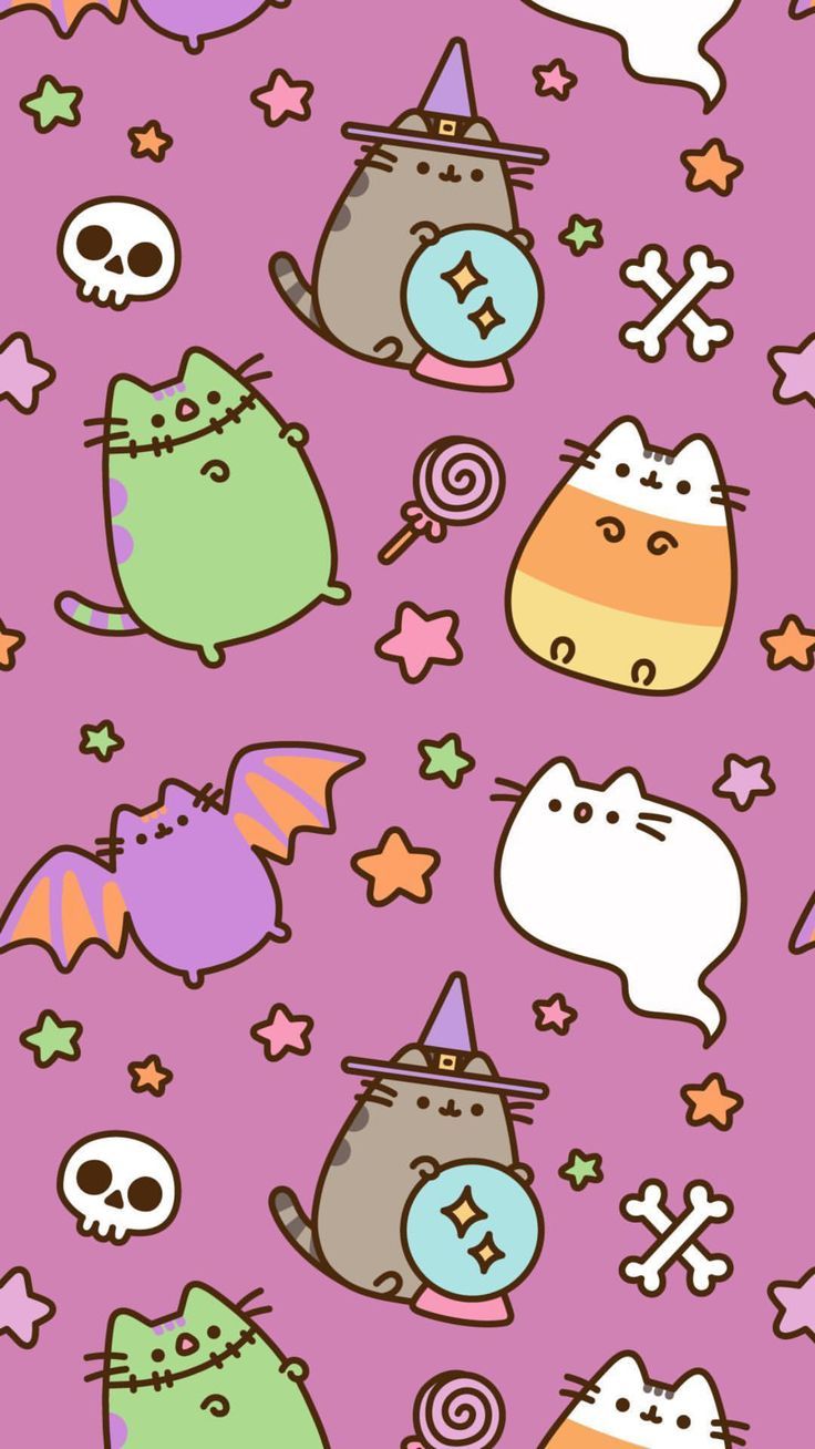 a purple background with cats and skulls on it