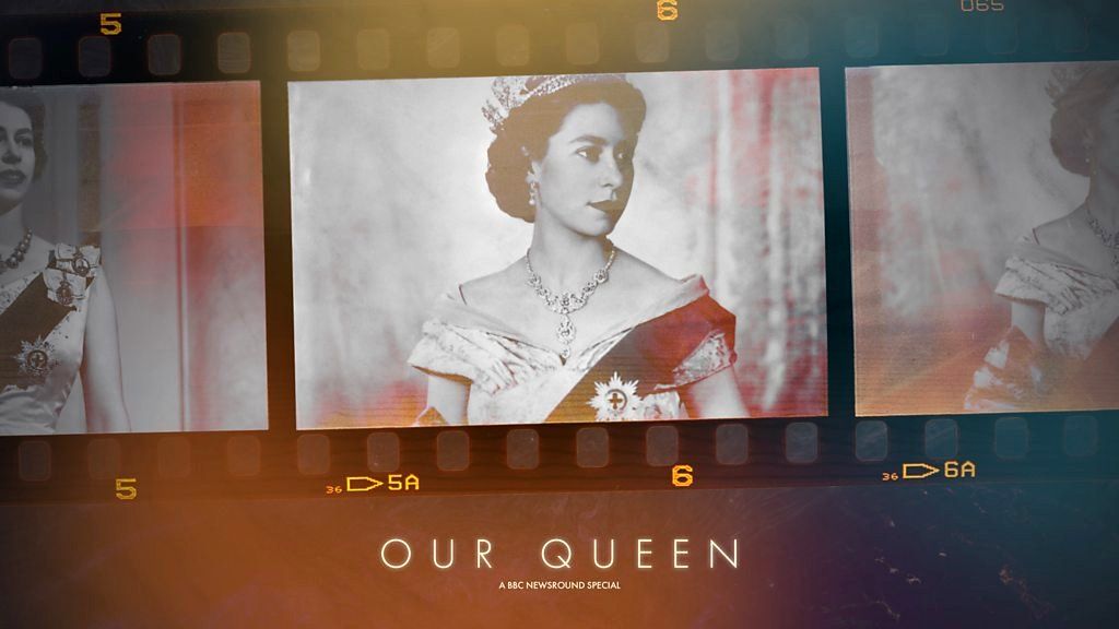 picture of the queen in a film strip with the text "our queen a newsround special" underneath