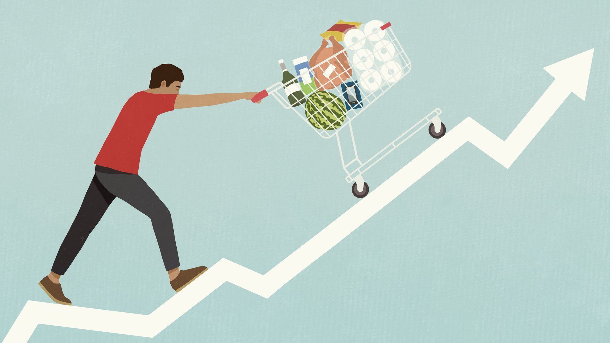 illustration shows shopper struggling as they push trolley filled with items up an arrow