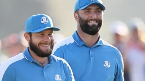 Tyrrell Hatton and Jon Rahm playing for Europe at 2023 Ryder Cup in Rome