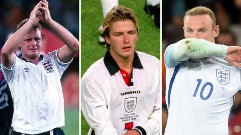 A split graphic showing Paul Gascoigne after England's 1990 World Cup exit (left), David Beckham after being sent off against Argentina at the 1998 World Cup (centre) and Wayne Rooney after England's exit at Euro 2016 against Iceland
