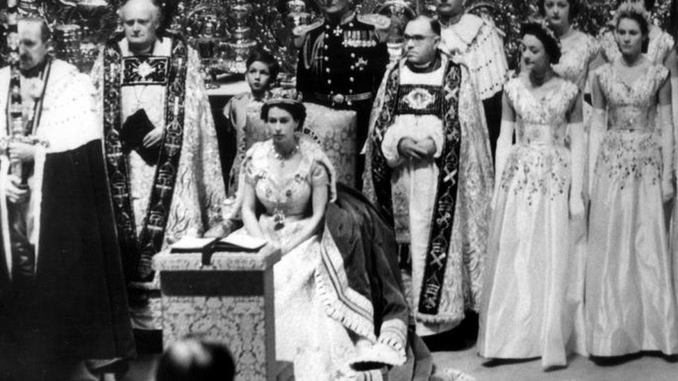 Queen Elizabeth II at her coronation ceremony