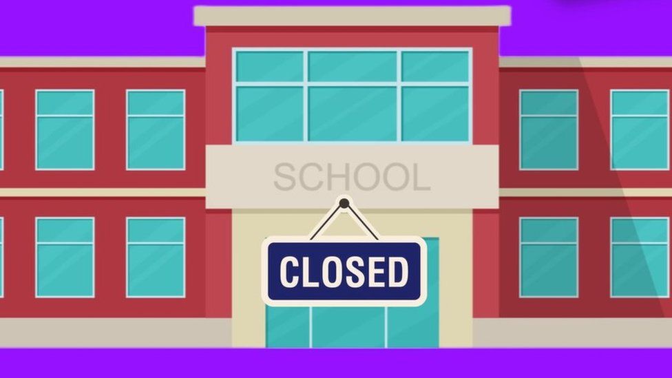 Cartoon school with closed sign.