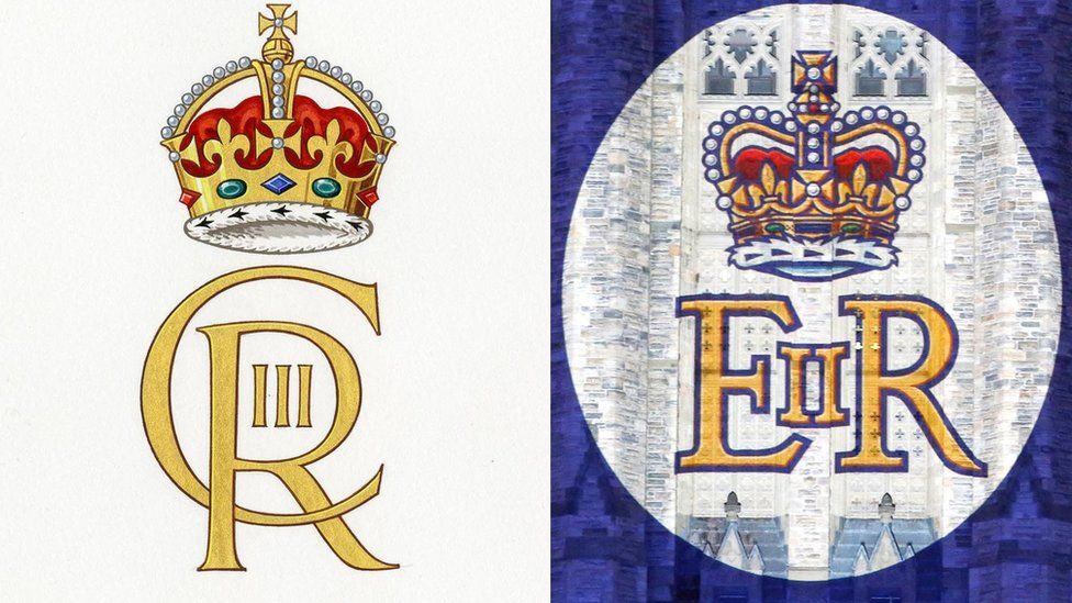 King Charles III new royal cypher (left) and the late Queen Elizabeth II's royal cypher (right)