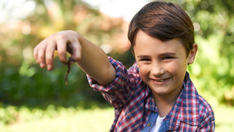Boy holding up earthworm