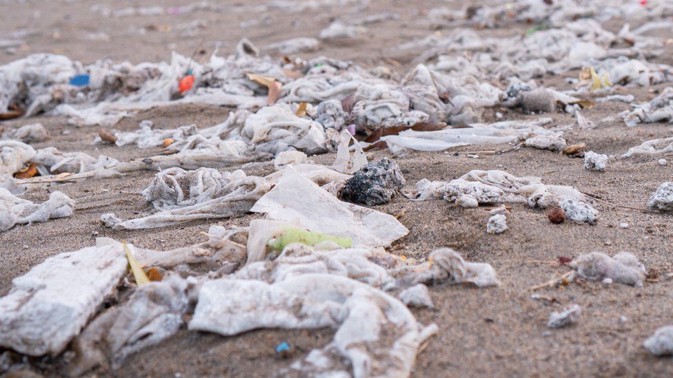 Plastic waste littering a sandy beach
