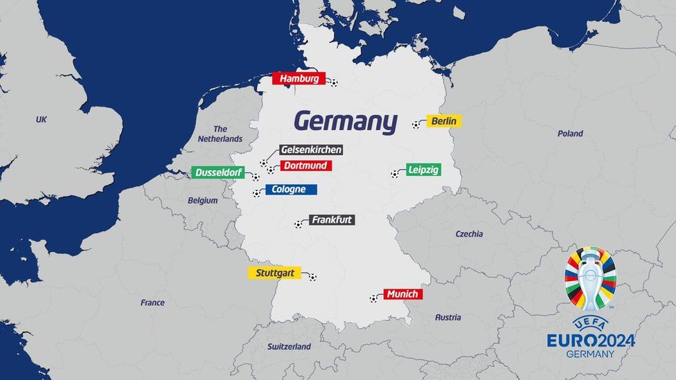 Map of Germany and the Euro 2024 host cities