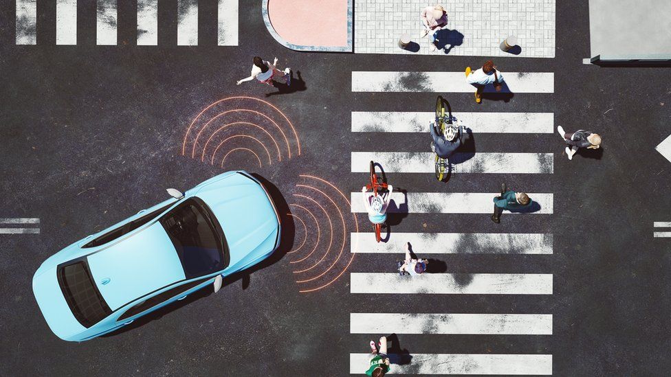illustration of a birdseye view of a driverless car with visible sensors and pedestrians nearby