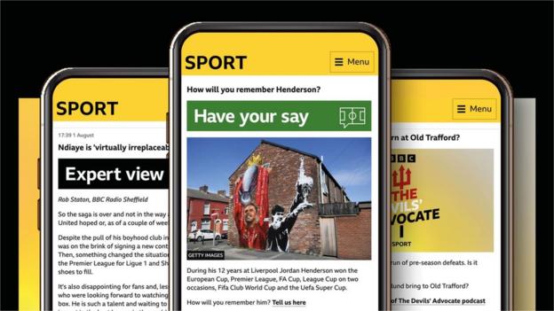 A three-way image of mobile phones displaying screenshots from the BBC's Premier League club pages