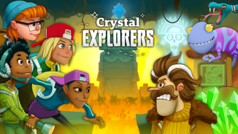 Crystal Explorers characters face off against a snarling man and a chameleon with a magic crystal in the background.